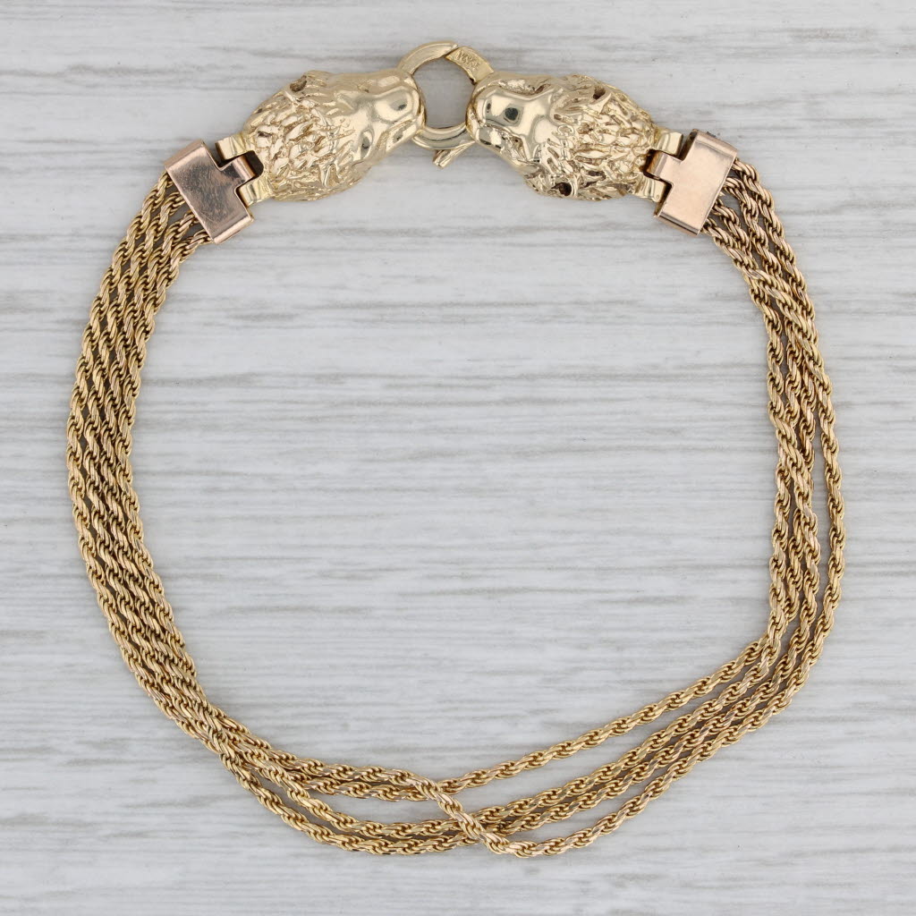 Gray Lion Heads Rope Chains Bracelet 14k Yellow Gold 7" Multistrand Statement