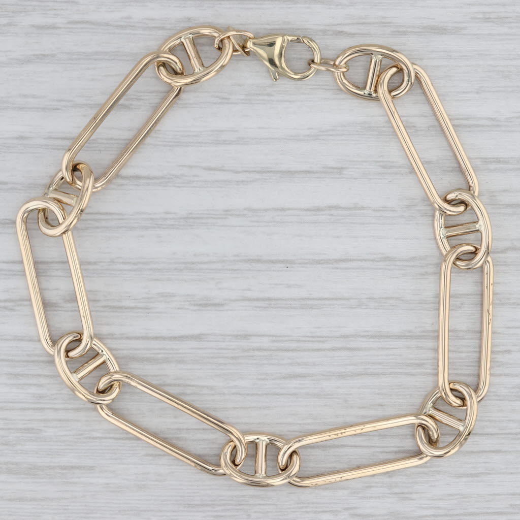 Gray Elongated Cable Mariner Chain Bracelet 14k Yellow Gold 7.5" 8.8mm