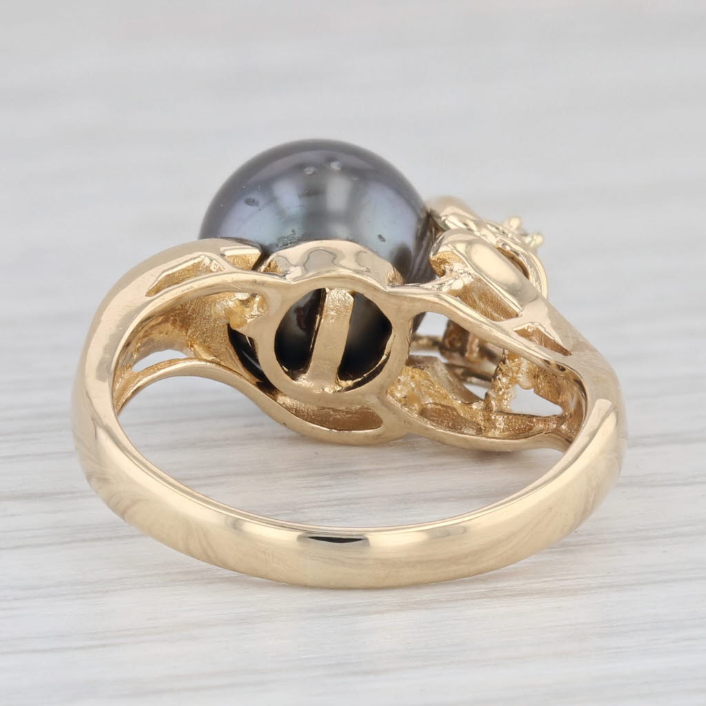 Light Gray Black Cultured Pearl Diamond Ring 18k Yellow Gold Size 7.5