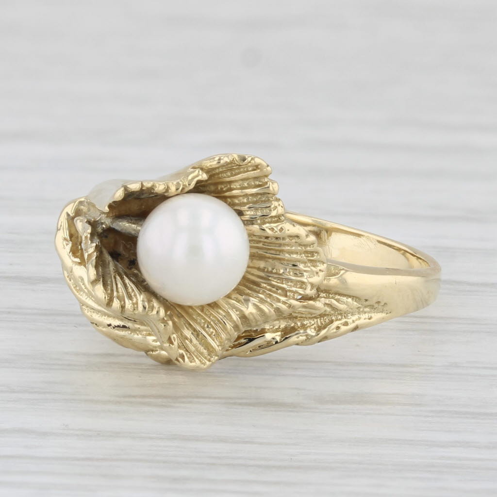 Light Gray Akoya Pearl Lily Flower Ring 18k Yellow Gold Size 5.75