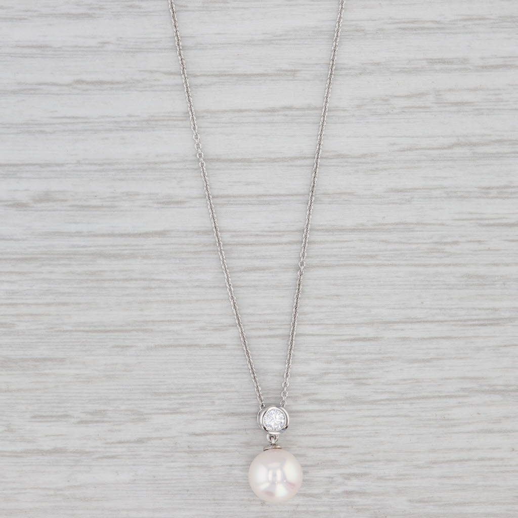 Light Gray Cultured Pearl 0.17ct Diamond Pendant Necklace 14k White Gold Adjustable Chain