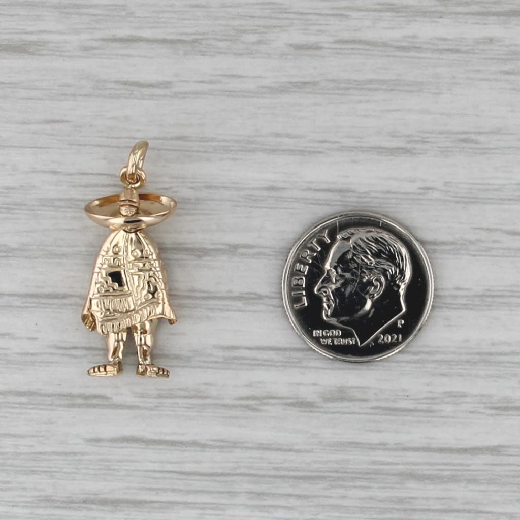 Mexican Figure Charm 14k Yellow Gold Wearing Sombrero Poncho Souvenir Pendant