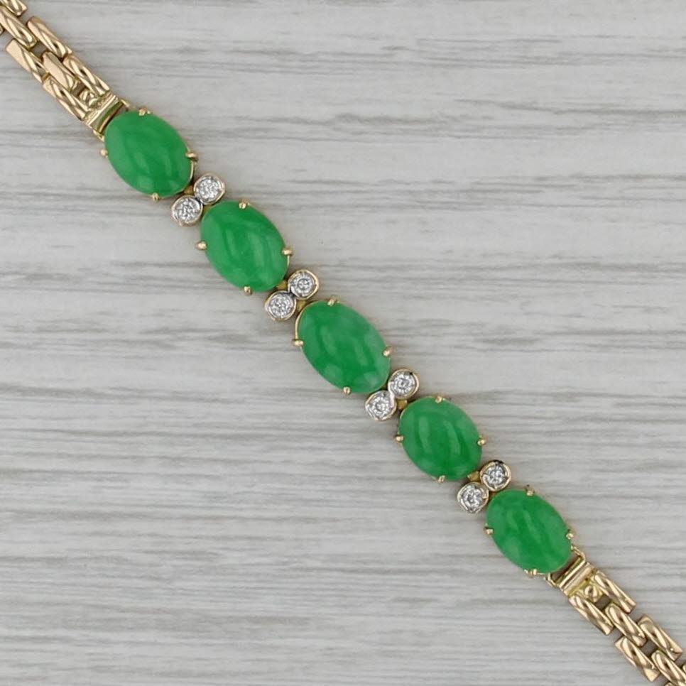 Diamond Jadeite Jade Bracelet 18k Yellow Gold Panther Chain 6.5"