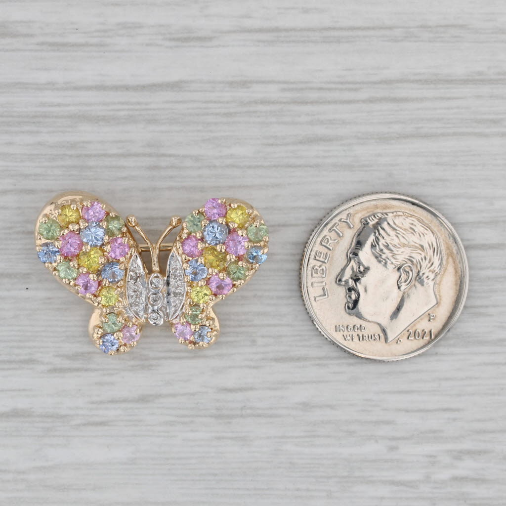 Gray 1.94ctw Multicolor Sapphire Diamond Butterfly Pendant Pin 14k Yellow Gold