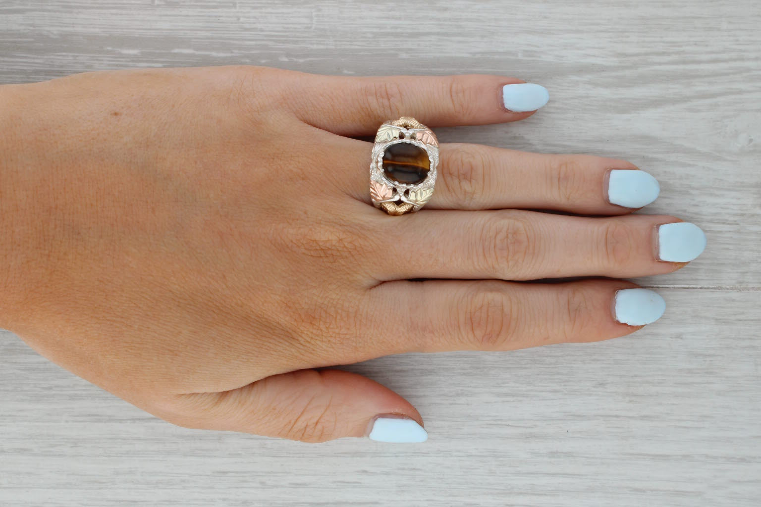Rosy Brown Coleman Co Black Hills Gold Tigers Eye Ram Ring Sterling Silver 12k Gold Size 8