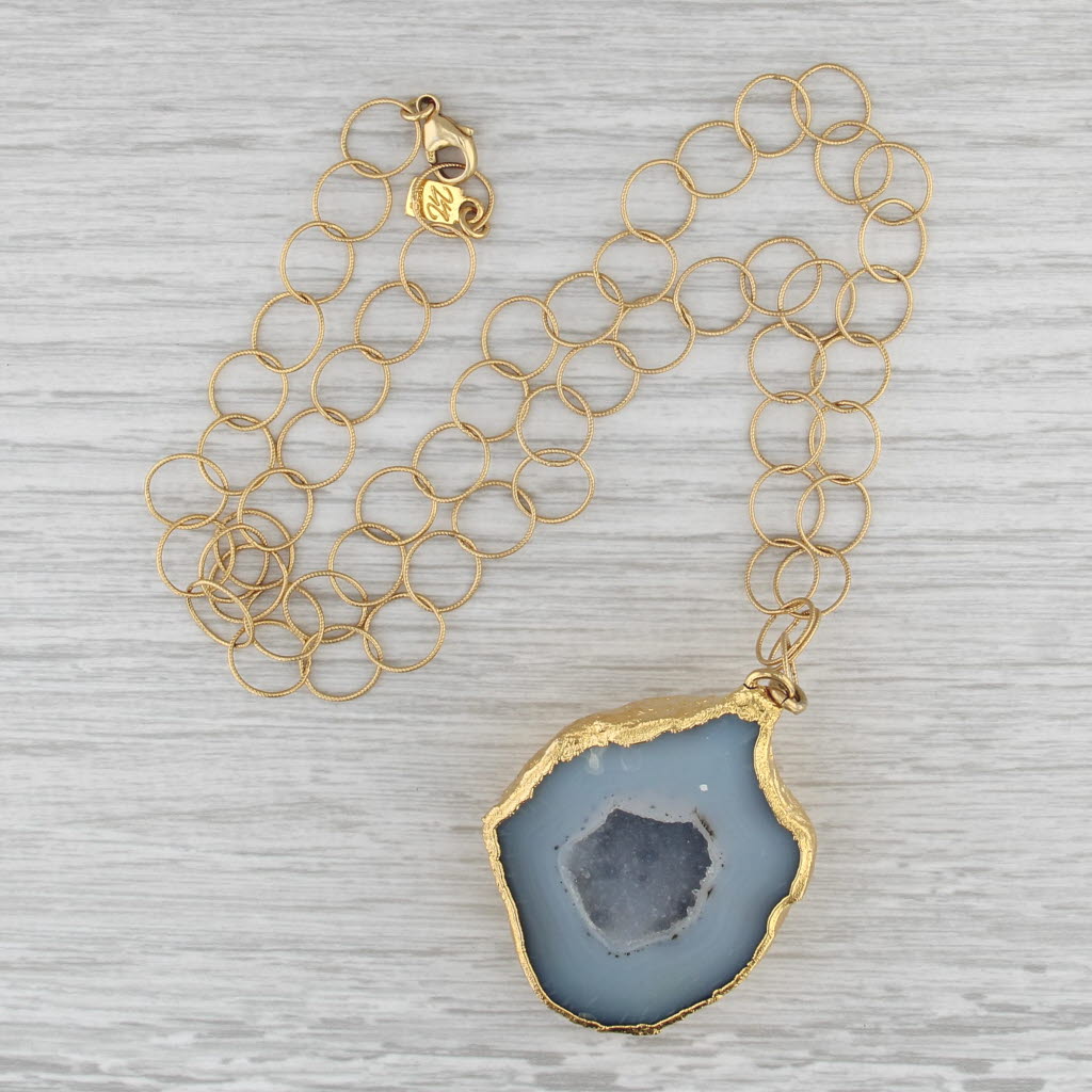 New Nina Wynn Gray Geode Statement Pendant Necklace Sterling 22k Gold Vermeil