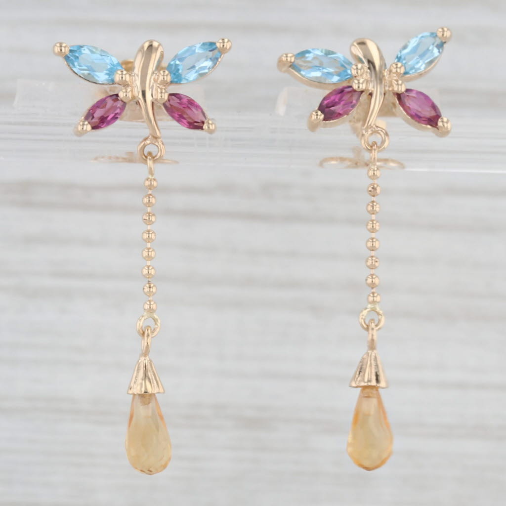 Light Gray 1.54ctw Topaz Garnet Citrine Butterfly Earrings 14k Yellow Gold Drops