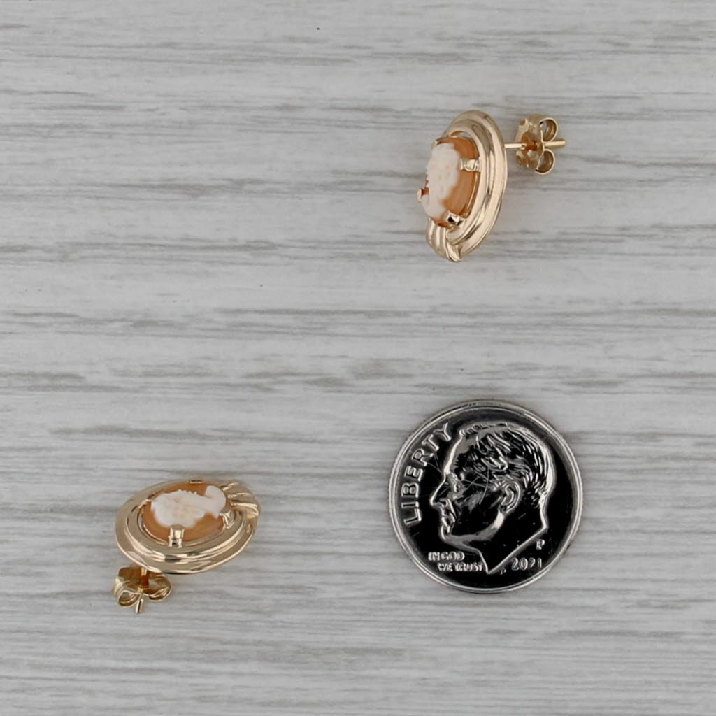 Oval Carved Shell Cameo Stud Earrings 14k Yellow Gold Figural Studs