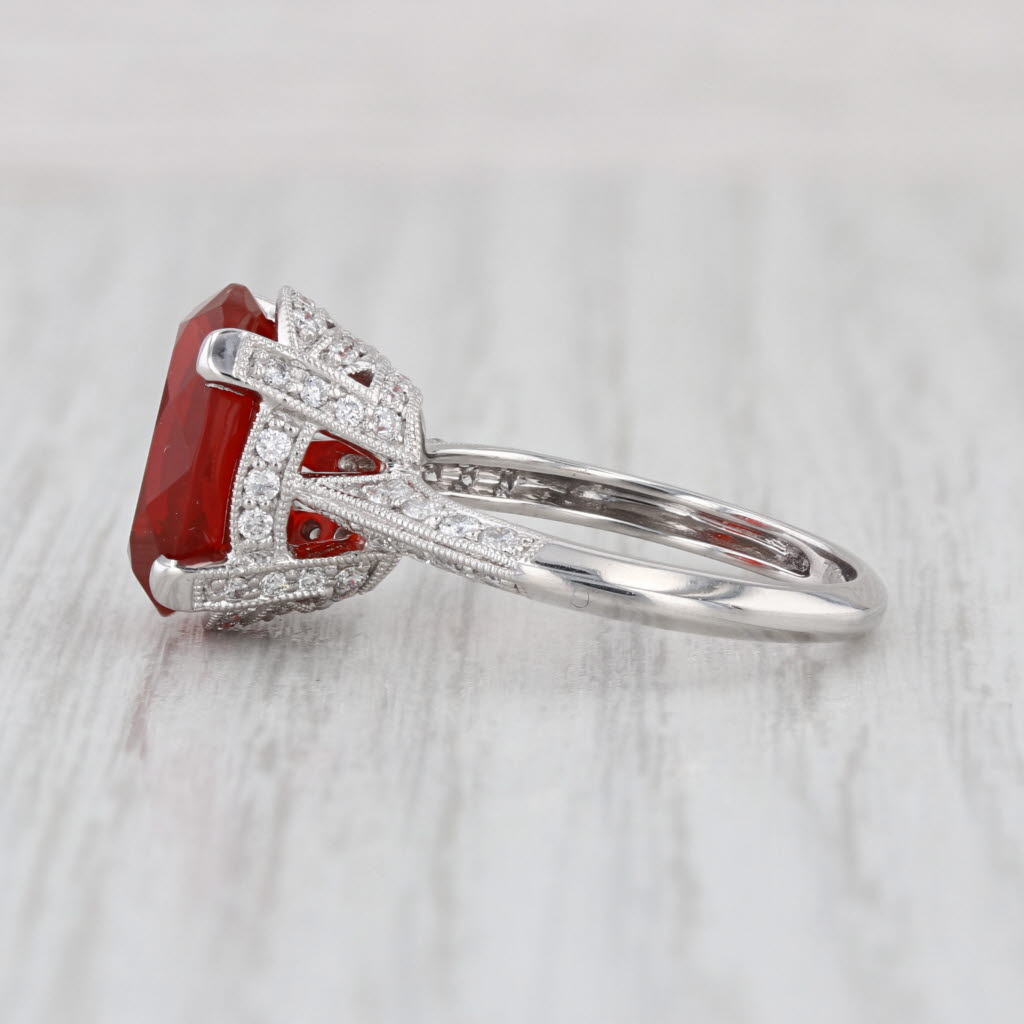 4.16ctw Oval Fire Opal Diamond Ring 18k White Gold Size 6.75