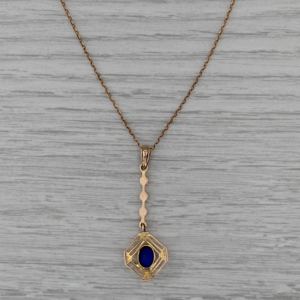 Antique Imitation Pearl Glass Pendant Necklace 10k Yellow Gold 17" Cable Chain