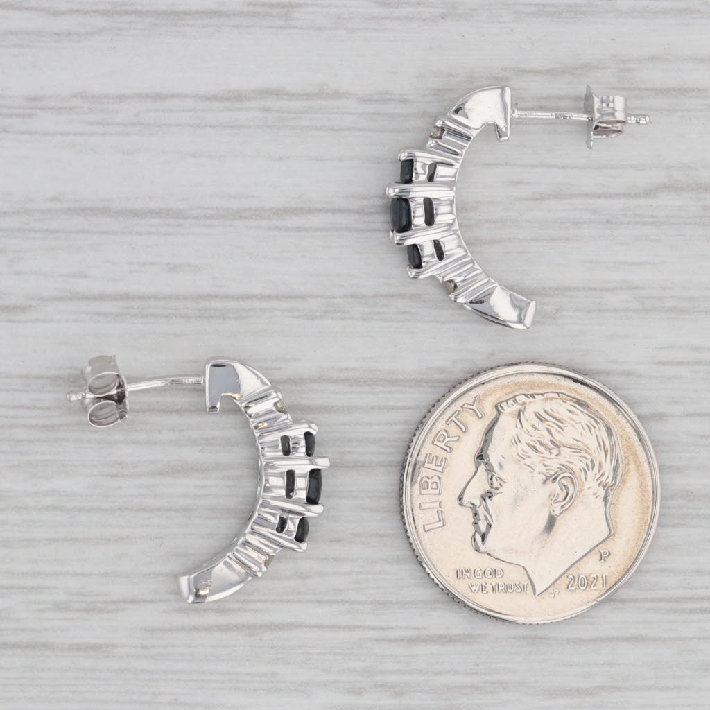 Gray 0.60ctw Blue Sapphire Diamond J-Hook Earrings 10k White Gold Half Hoop Drops