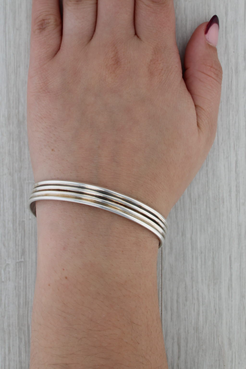 Vintage Beveled Ridged Cuff Bracelet Sterling Silver 7.25" 10.2mm