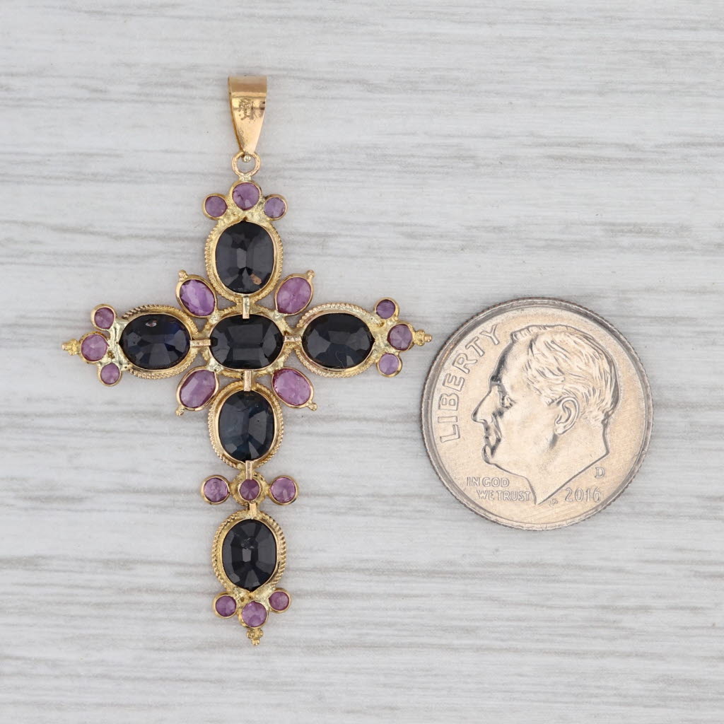 4.35ctw Blue Pink Sapphire Large Cross Pendant 18k Yellow Gold Statement