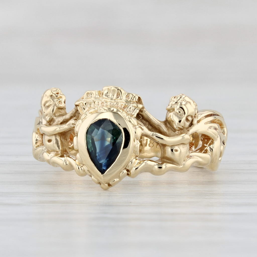 Light Gray 0.41ct Blue Sapphire Teardrop Ring 18k Yellow Gold Size 7 Heraldic Cherubs