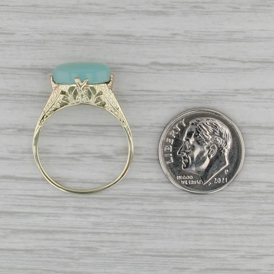 Green Chalcedony Quartz Filigree Ring 14k Yellow Gold Size 8.25 Oval Cabochon