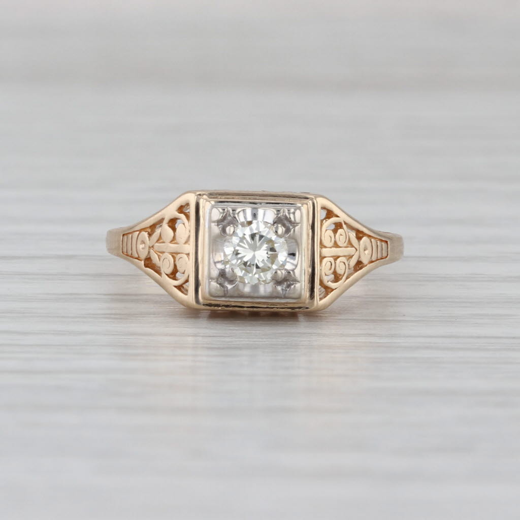 Vintage 0.25ct Diamond Solitaire Ring 14k Yellow Gold Ornate Art Deco Engagement