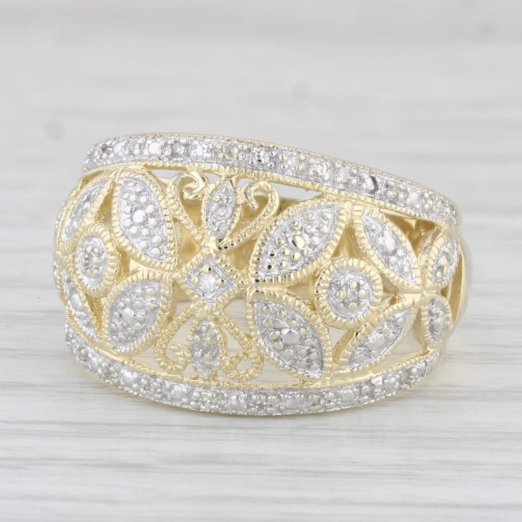 Light Gray Diamond Flower Ring 14k Yellow Gold Size 9 Floral Cocktail