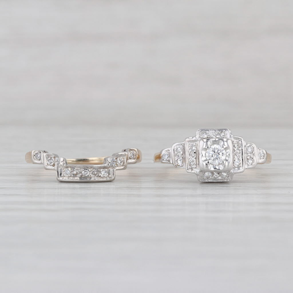 Vintage 0.28ctw Diamond Wedding Band Engagement Ring Bridal Set 14k Gold Sz 4.75