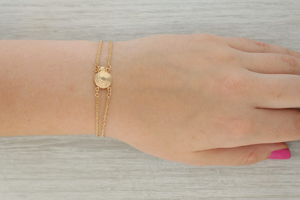 Rosy Brown Slide Charm Bracelet 14k Yellow Gold Double Rope Chain 7.5"