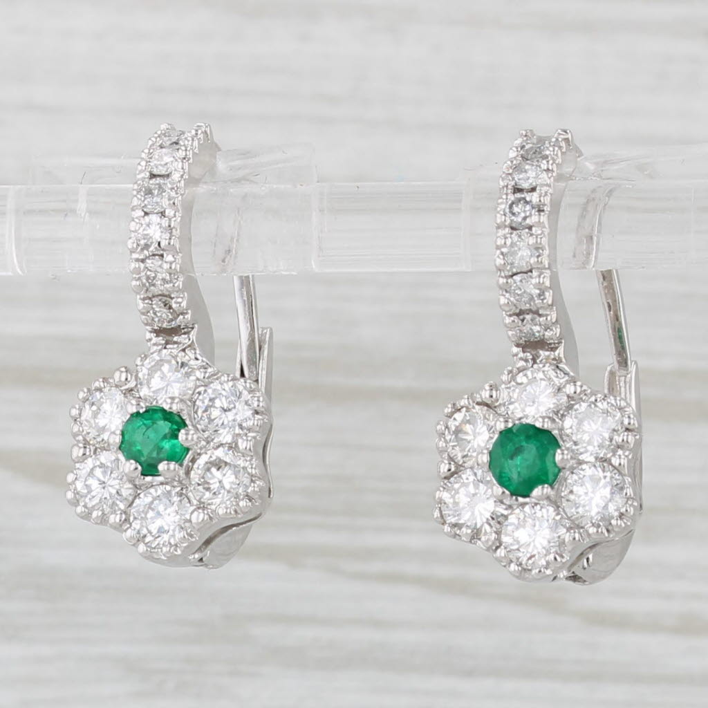 Light Gray 1.70ctw Emerald Diamond Flower Drop Earrings 14k White Gold Lever Backs