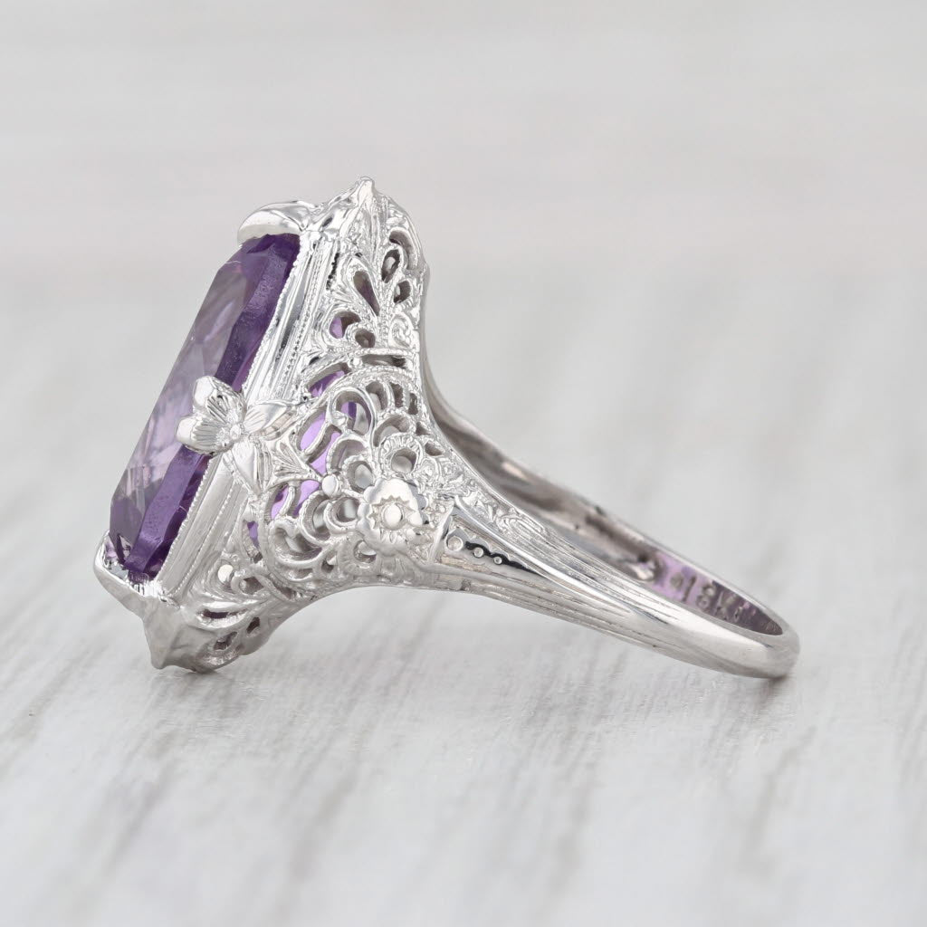 Art Deco 5ct Marquise Amethyst Solitaire Ring 18k White Gold Filigree Floral