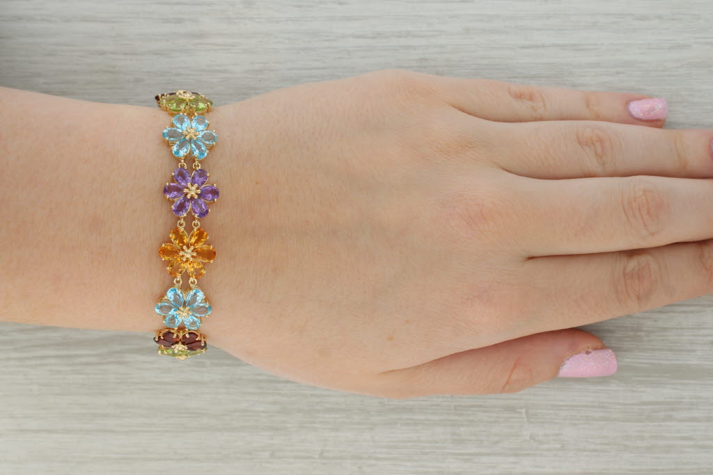 Rosy Brown 43.8ctw Gemstone Flower Bracelet 10k Gold 7" Garnet Topaz Peridot Amethyst