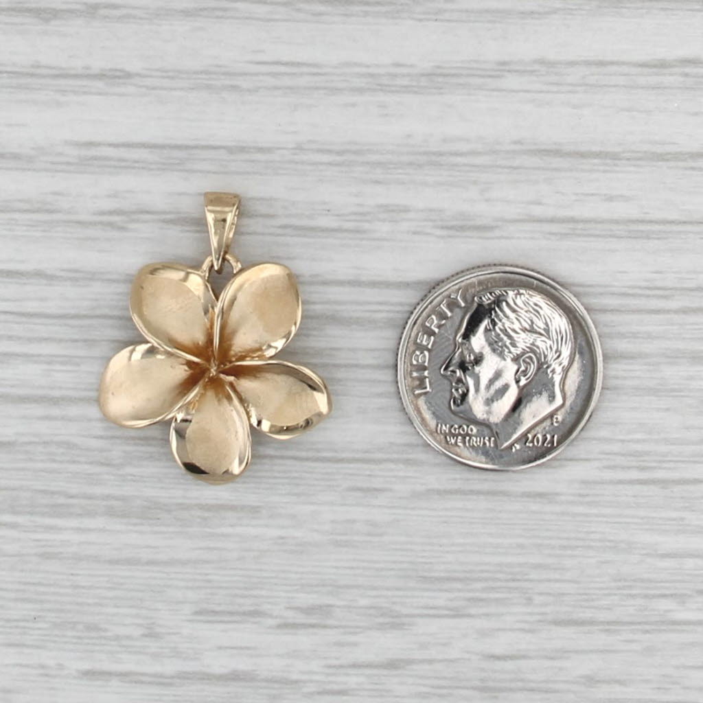Plumeria Flower Pendant 14k Yellow Gold Brushed Floral Drop