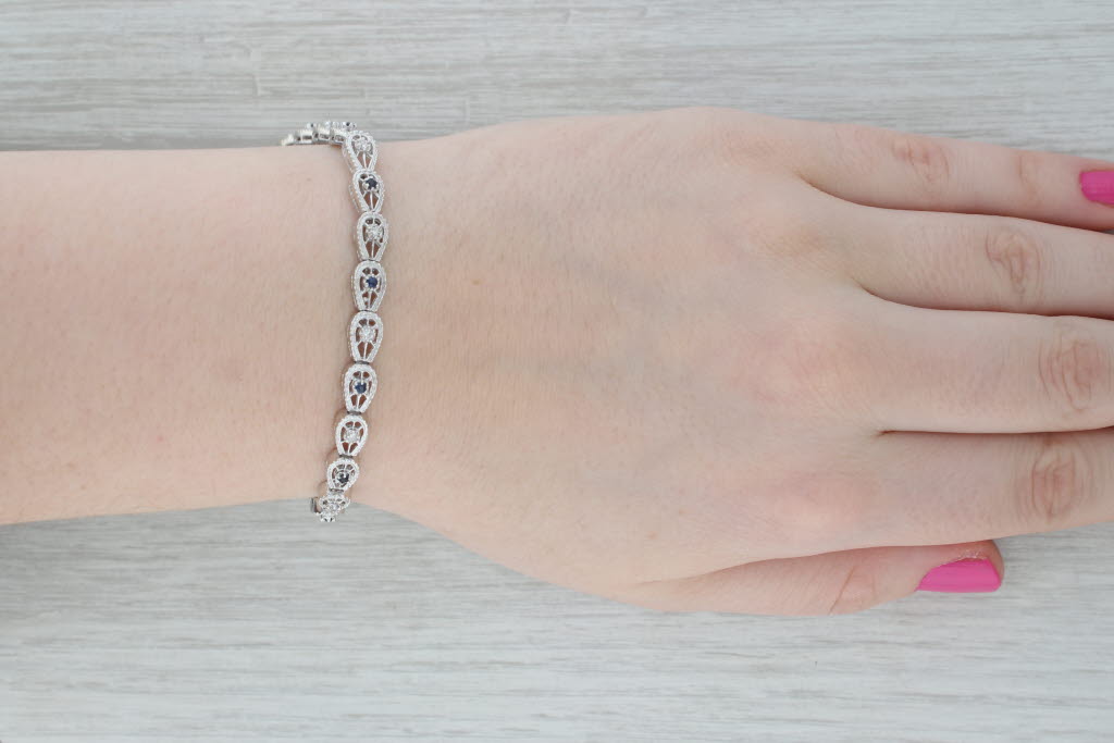 Gray 0.40ctw Blue Sapphire White Diamond Tennis Bracelet 14k White Gold 7"