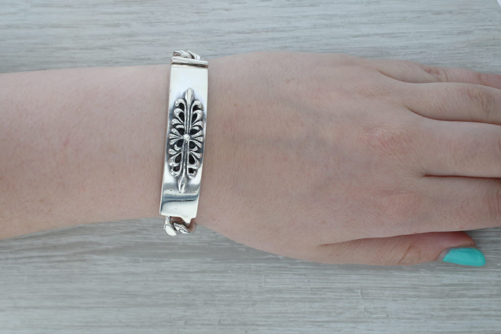 Dark Gray Vintage Ornate Floral Bar Bracelet Sterling Silver 8.5" Snap Clasp