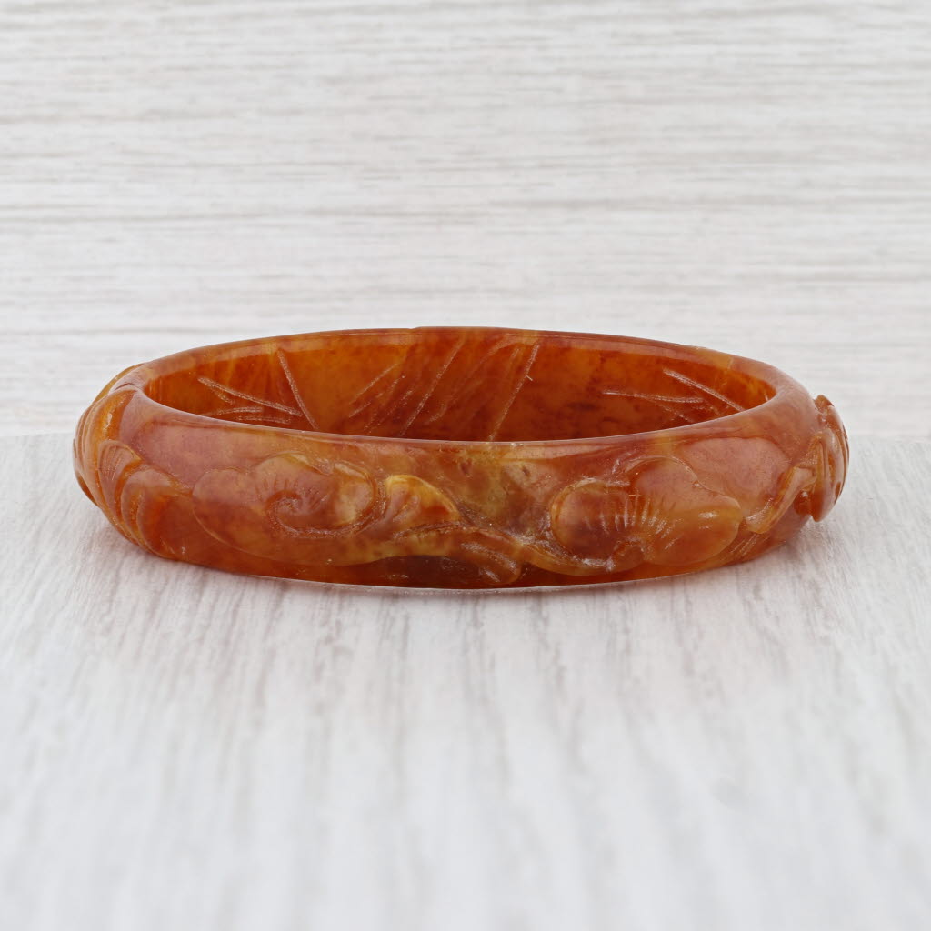 Brown Carved Fish Jadeite Jade Bangle Bracelet 7” 13mm Stackable Statement