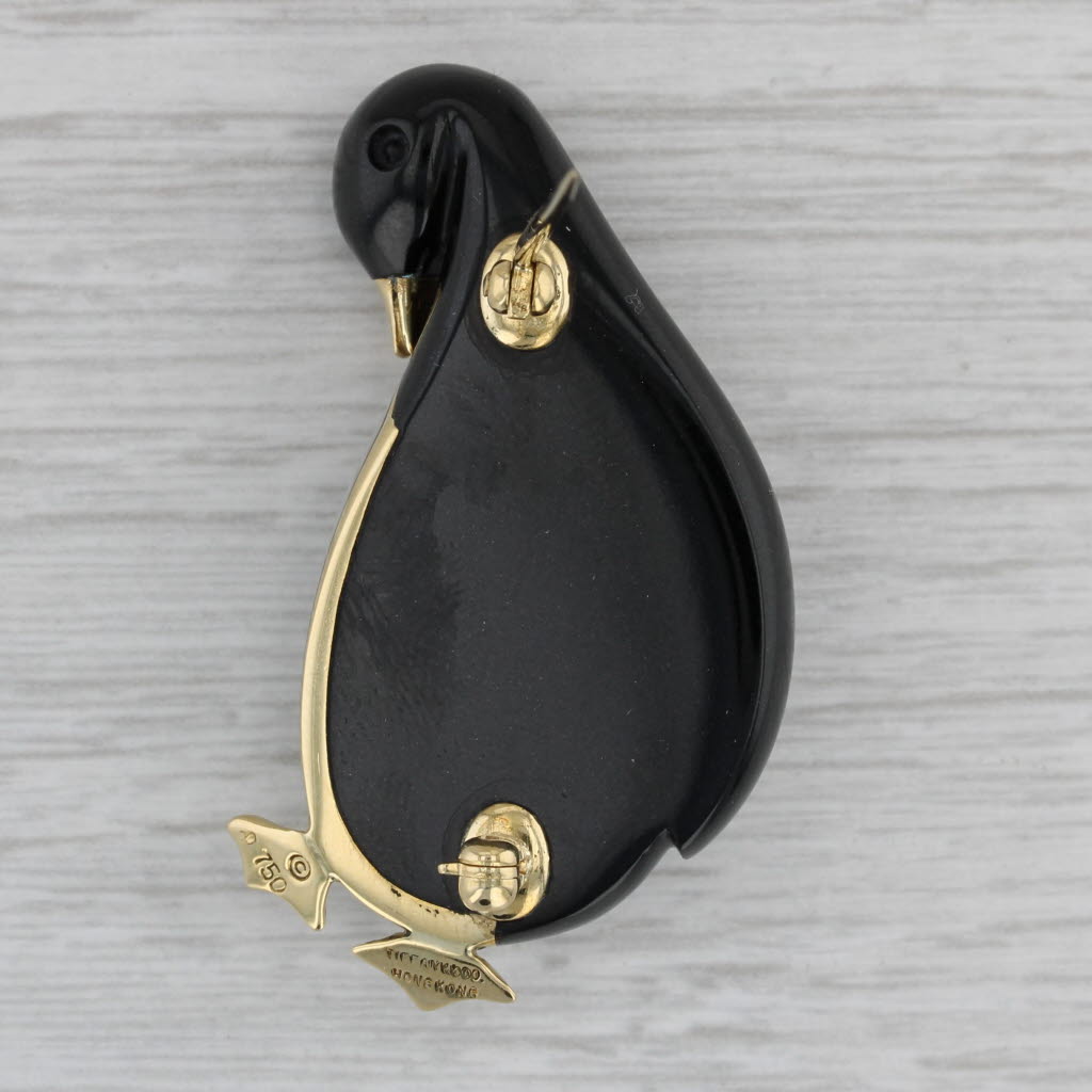 Gray Tiffany Penguin Brooch Black Jade White Mother of Pearl 18k Yellow Gold Pin