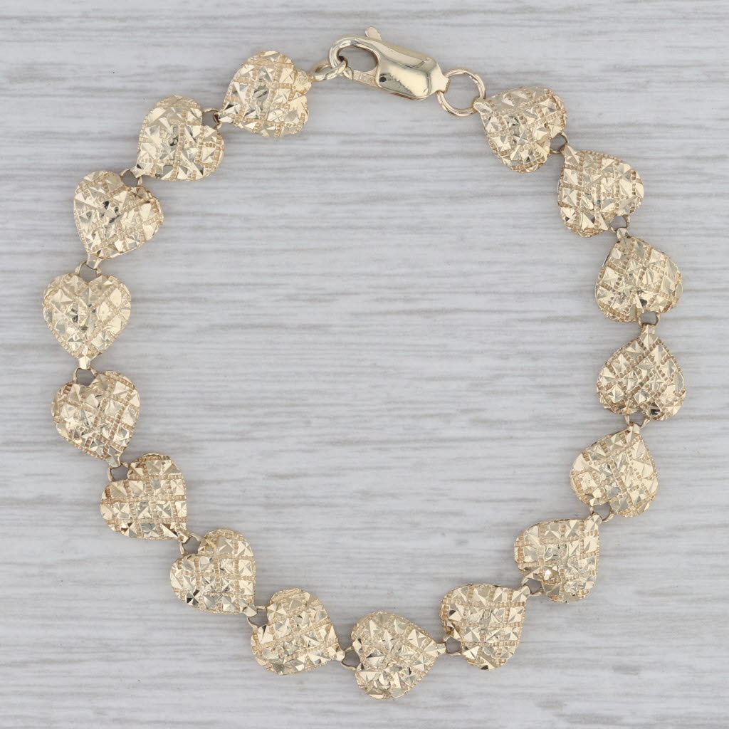 Gray Etched Heart Link Bracelet 10k Yellow Gold 6 1/2" 8.4mm