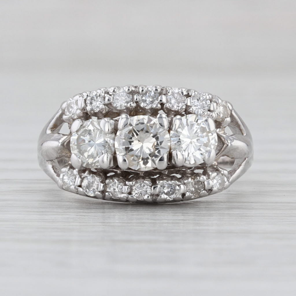 1.37ctw Vintage Diamond Bridal Ring 14k White Gold 3-Stone Engagement Size 7.5