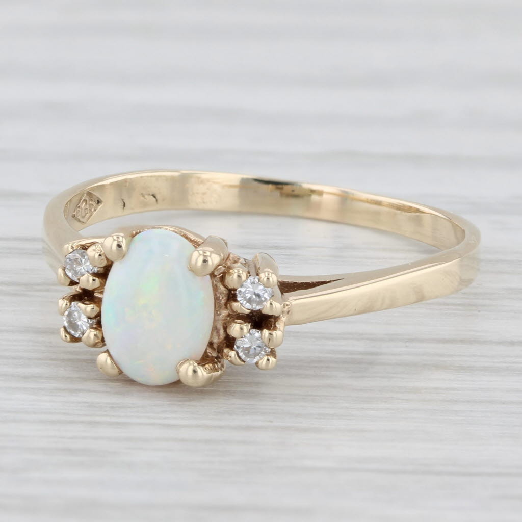 Light Gray Opal Oval Cabochon Diamond Ring 14k Yellow Gold Size 7.75