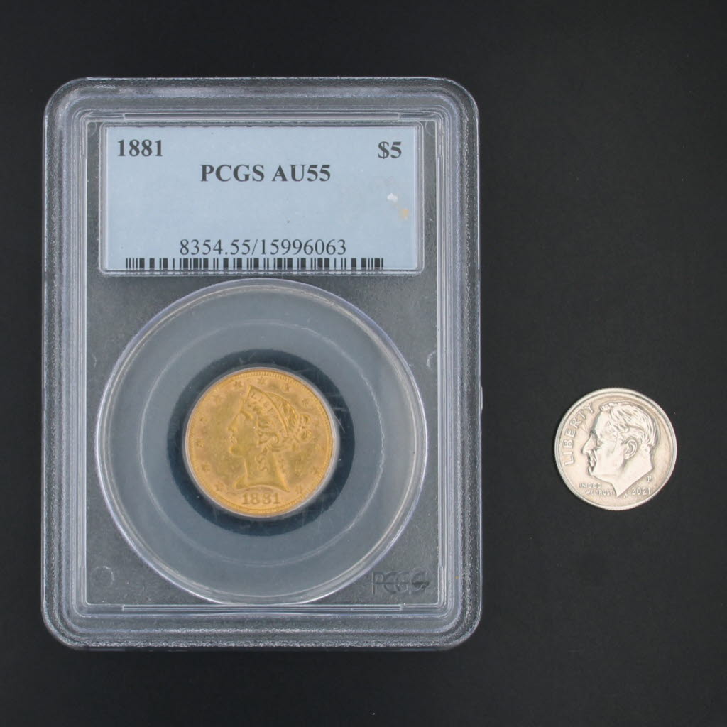 1881 Liberty Fine Gold Coin US $5 Eagle AU55 PCGS Certificate Case
