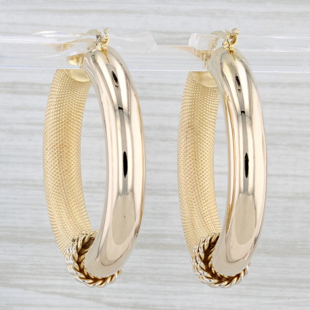 Light Gray Round Hoop Earrings 14k Yellow Gold Snap Top Hoops Textured Pattern
