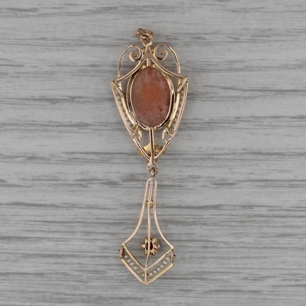 Vintage Carved Shell Cameo Pearl Glass Lavalier Pendant 10k Yellow Green Gold