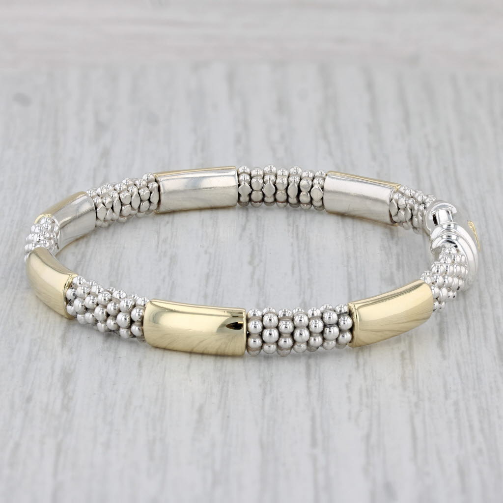 Gray Lagos Caviar Six Station Bracelet Sterling Silver 18k Gold Pouch Booklet 6.75"