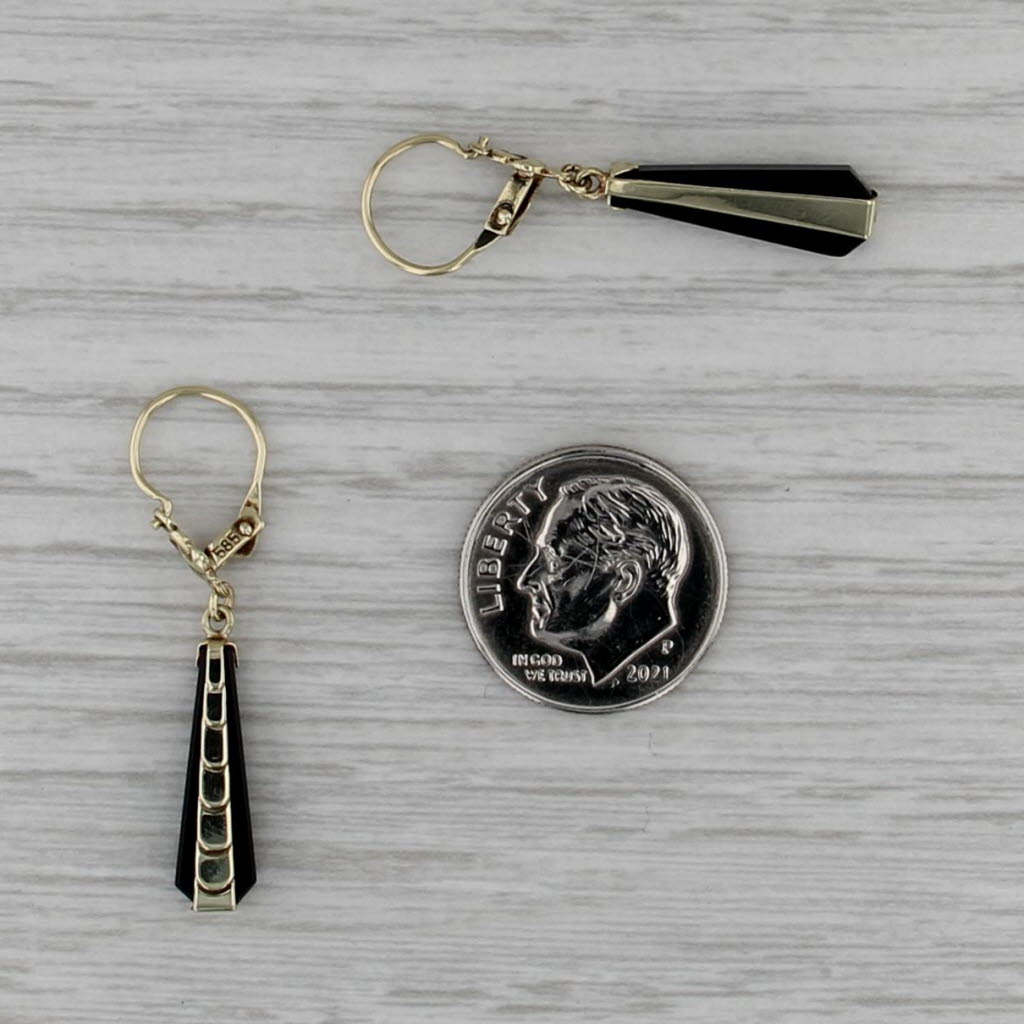 Antique Beveled Onyx Dangle Earrings 14k Yellow Gold Hook Posts