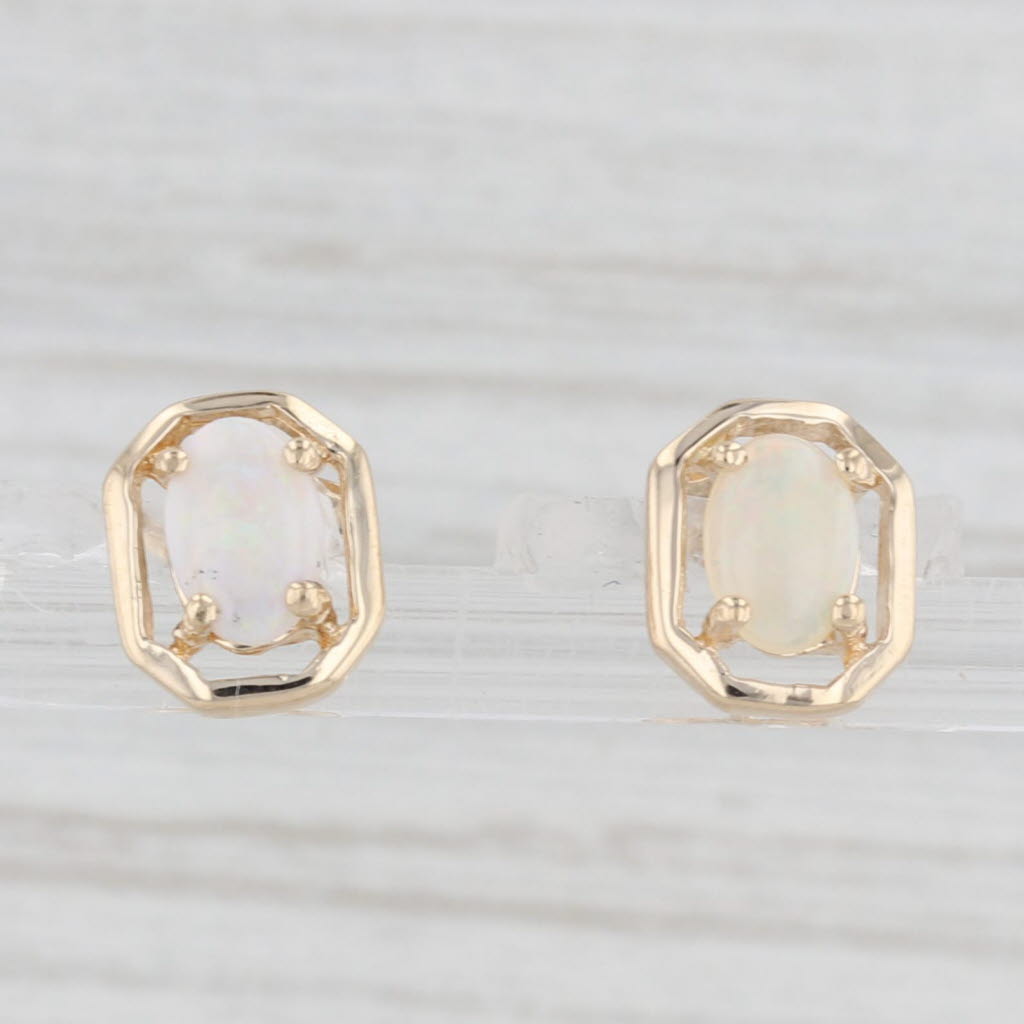 Light Gray Opal Cabochon Stud Earrings 14k Yellow Gold Solitaire Studs
