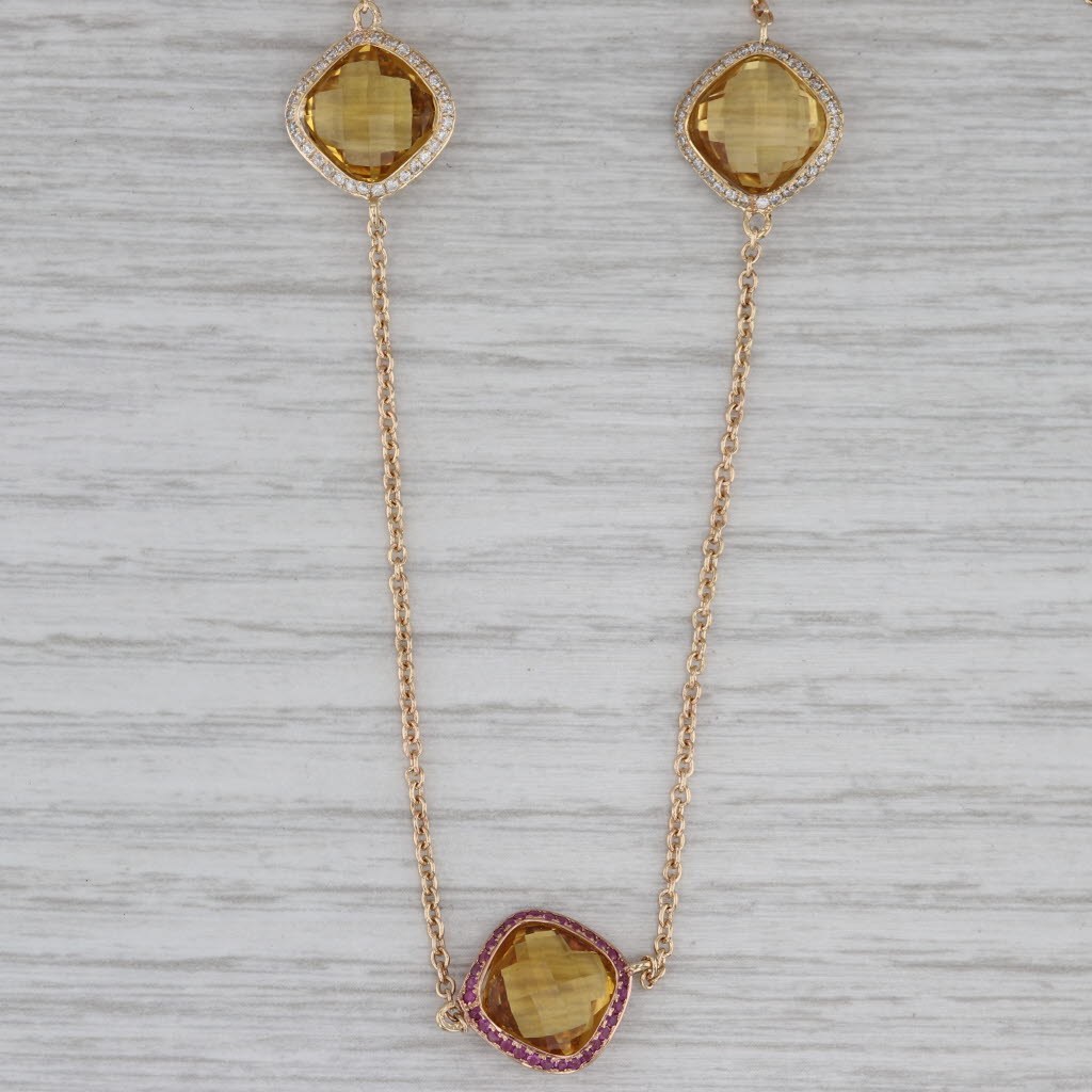 Gray 5.25ctw Citrine Ruby Diamond Station Necklace 14k Yellow Gold 27.25" Cable Chain