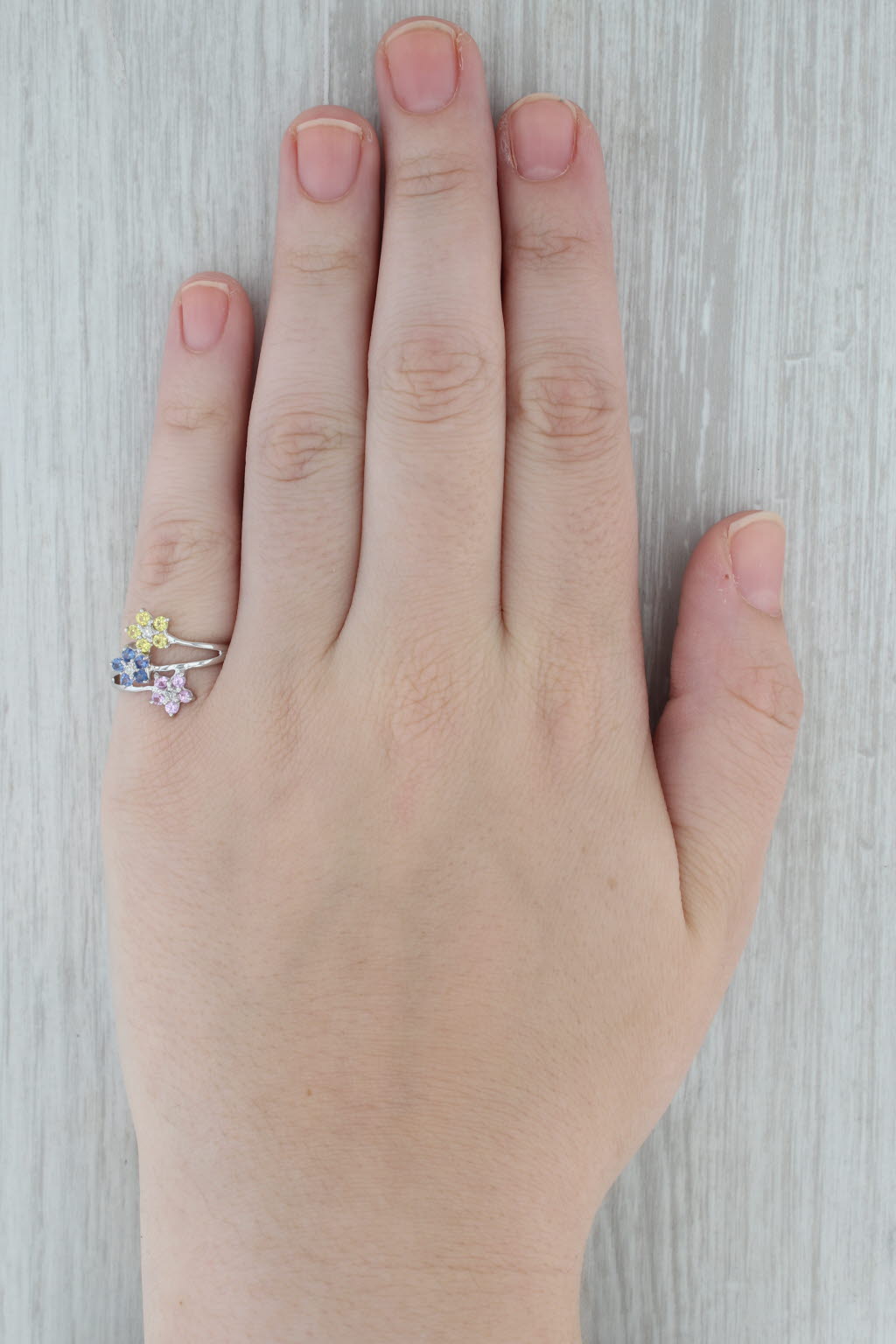 Dark Gray 0.63ctw Blue Pink Yellow Sapphire Flowers Bypass Ring 10k White Gold Size 7.25