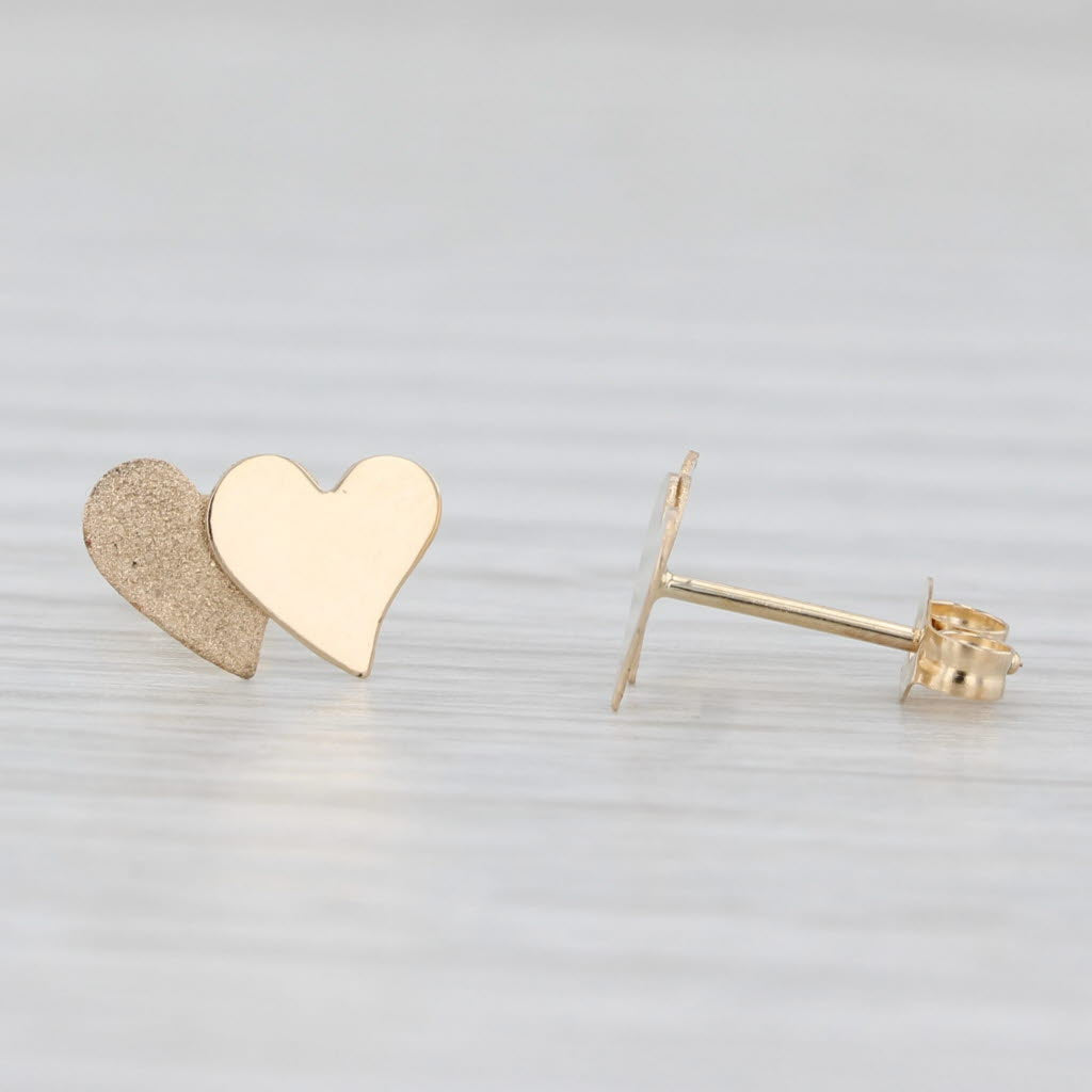 Light Gray Double Hearts Stud Earrings 14k Yellow Gold