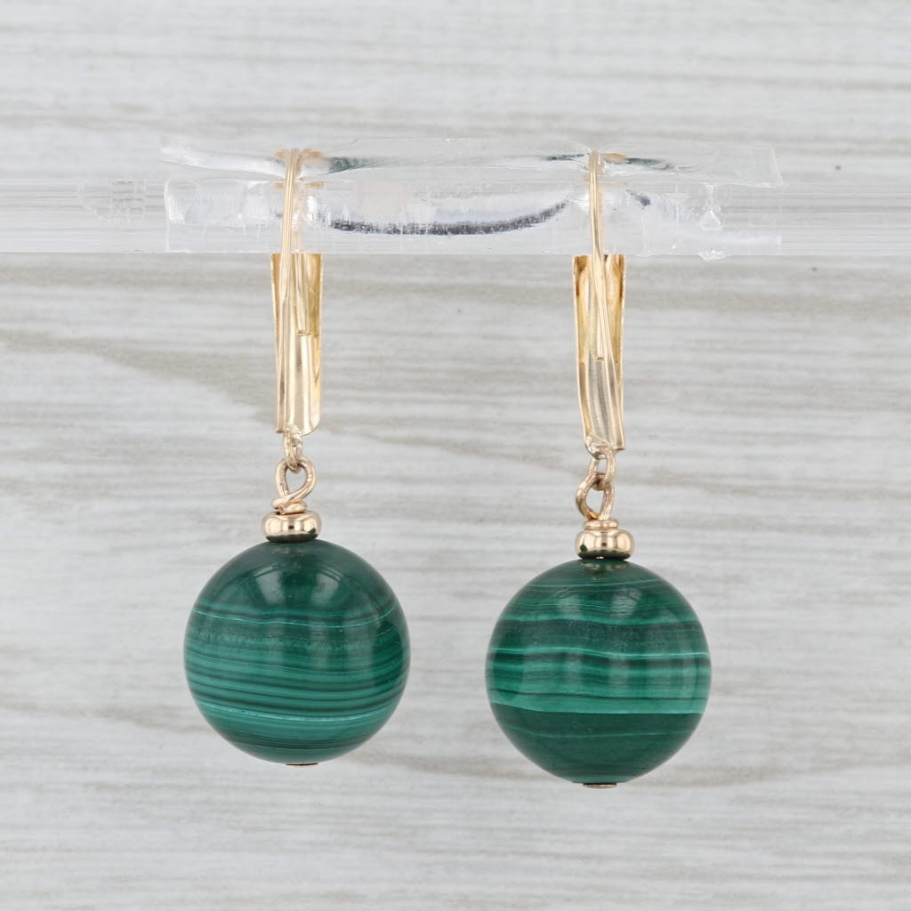 Green Malachite Bead Dangle Earrings 14k Yellow Gold Hook Posts Drops