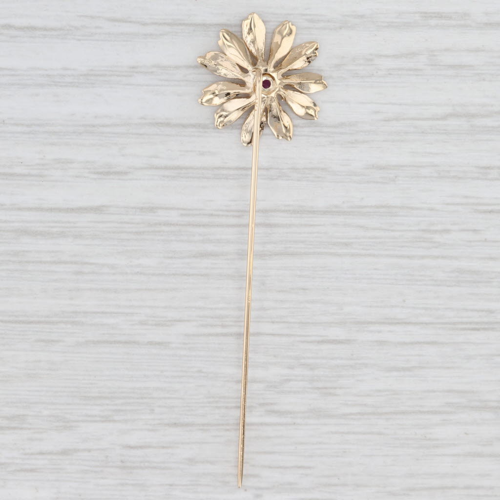 Light Gray Ruby Flower Stickpin 14k Yellow Gold Vintage Floral Pin