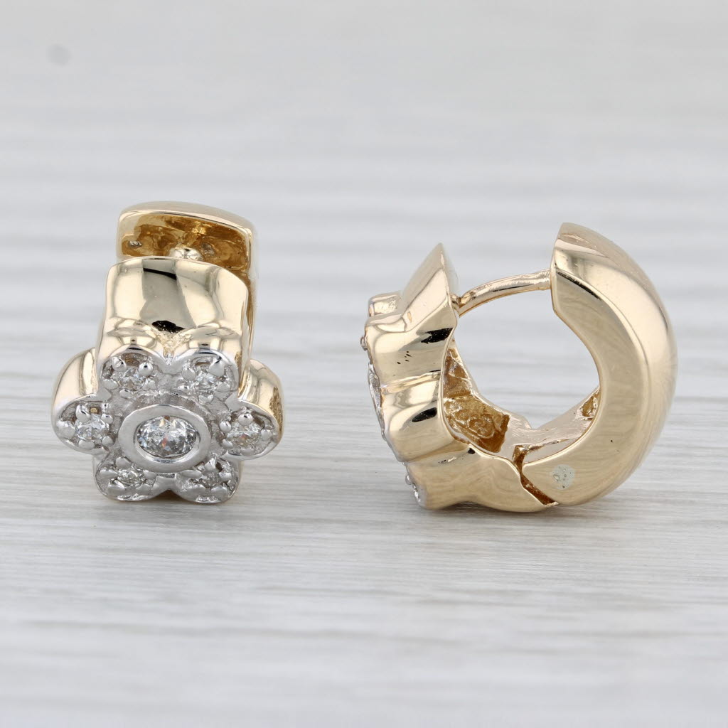 Light Gray 0.38ctw Diamond Flower Huggie Small Hoop Earrings 14k Yellow Gold Snap Top