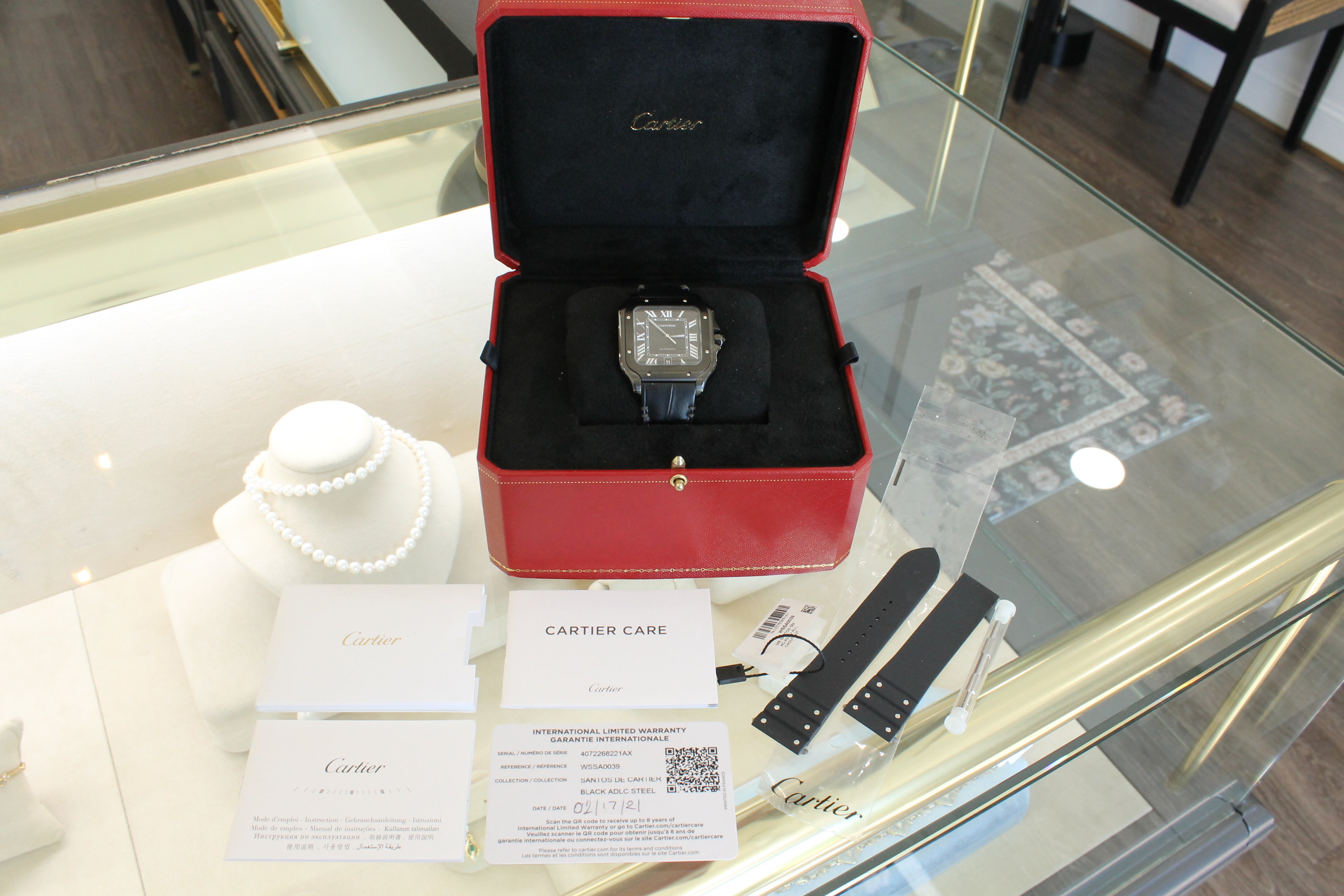 Cartier Santos Black ADLC WSSA039 Mens Automatic Watch w Box Card Extra Strap