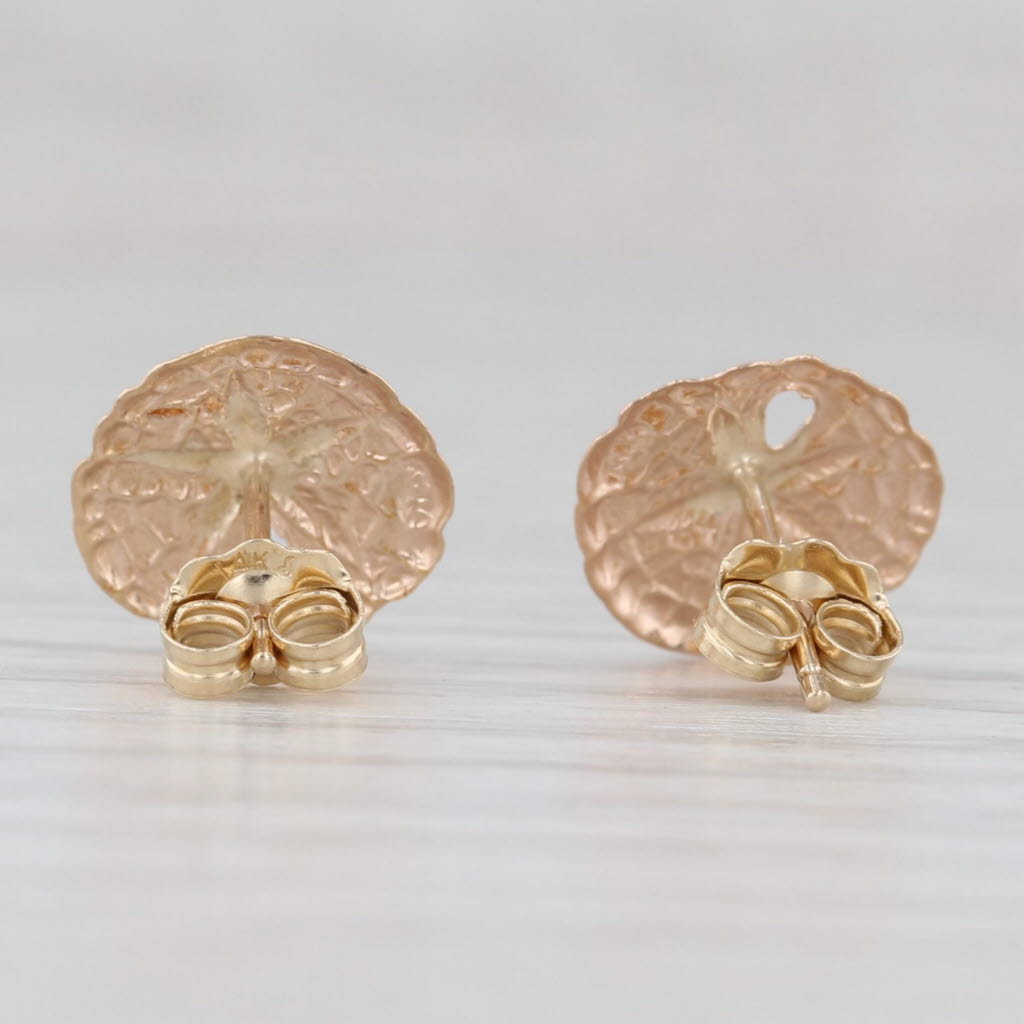 Light Gray Round Sand Dollar Stud Earrings 14k Yellow Gold Nautical Jewelry