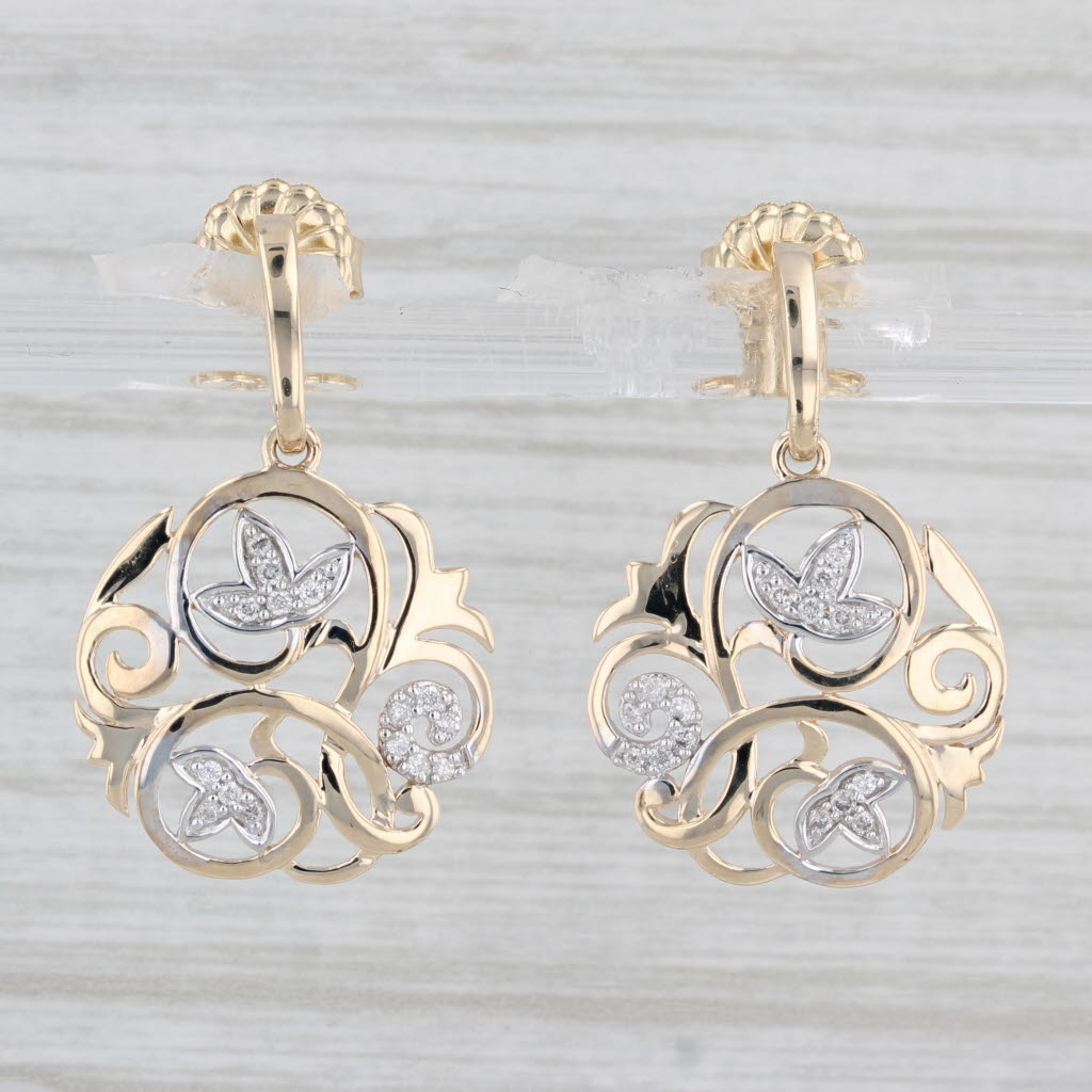 Light Gray Diamond Flower Openwork Dangle Earrings 10k Yellow Gold Drops