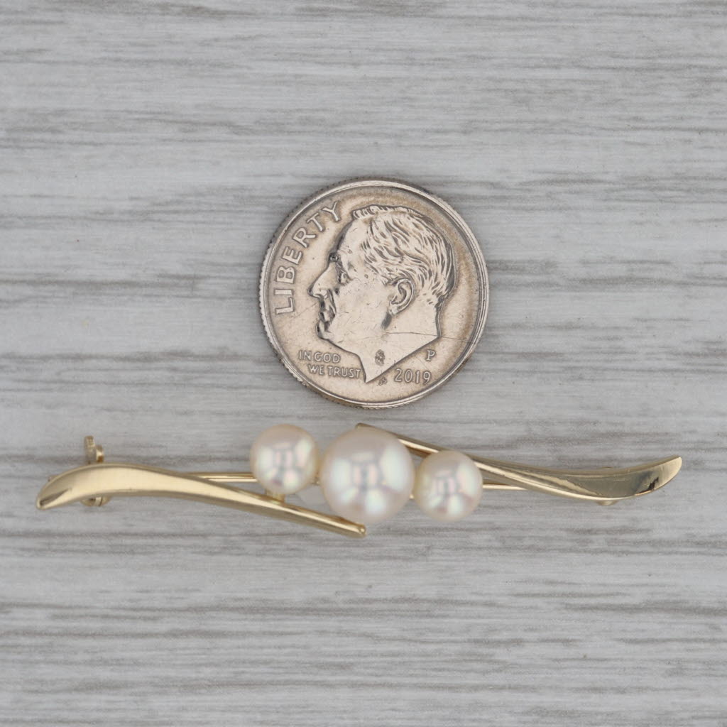 Dark Gray Vintage Mikimoto Cultured Pearl Bar Brooch w/ Box 14k Yellow Gold